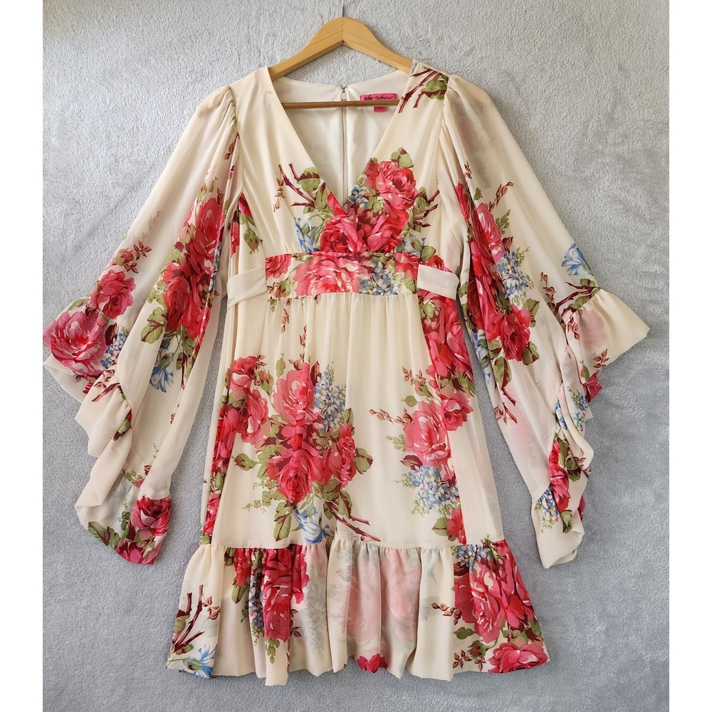 Betsey Johnson Dress Womens Size 6 Vintage Garden Rose Print Fairy Bell Sleeve - Picture 1 of 9